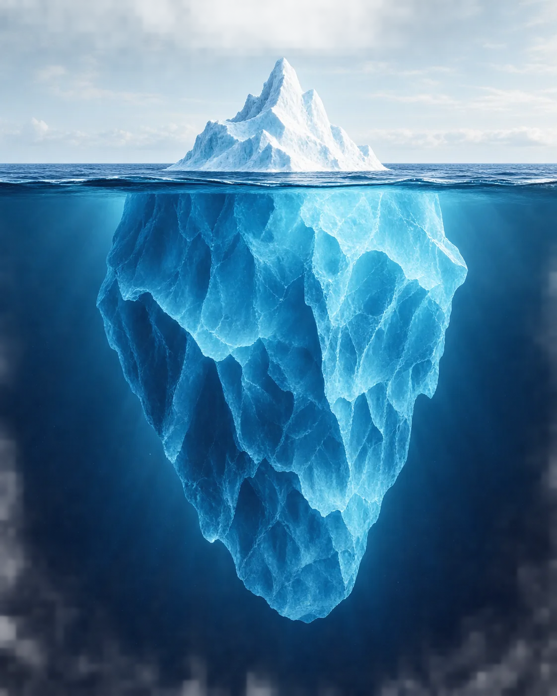 Iceberg with a small tip above water and a much larger mass below