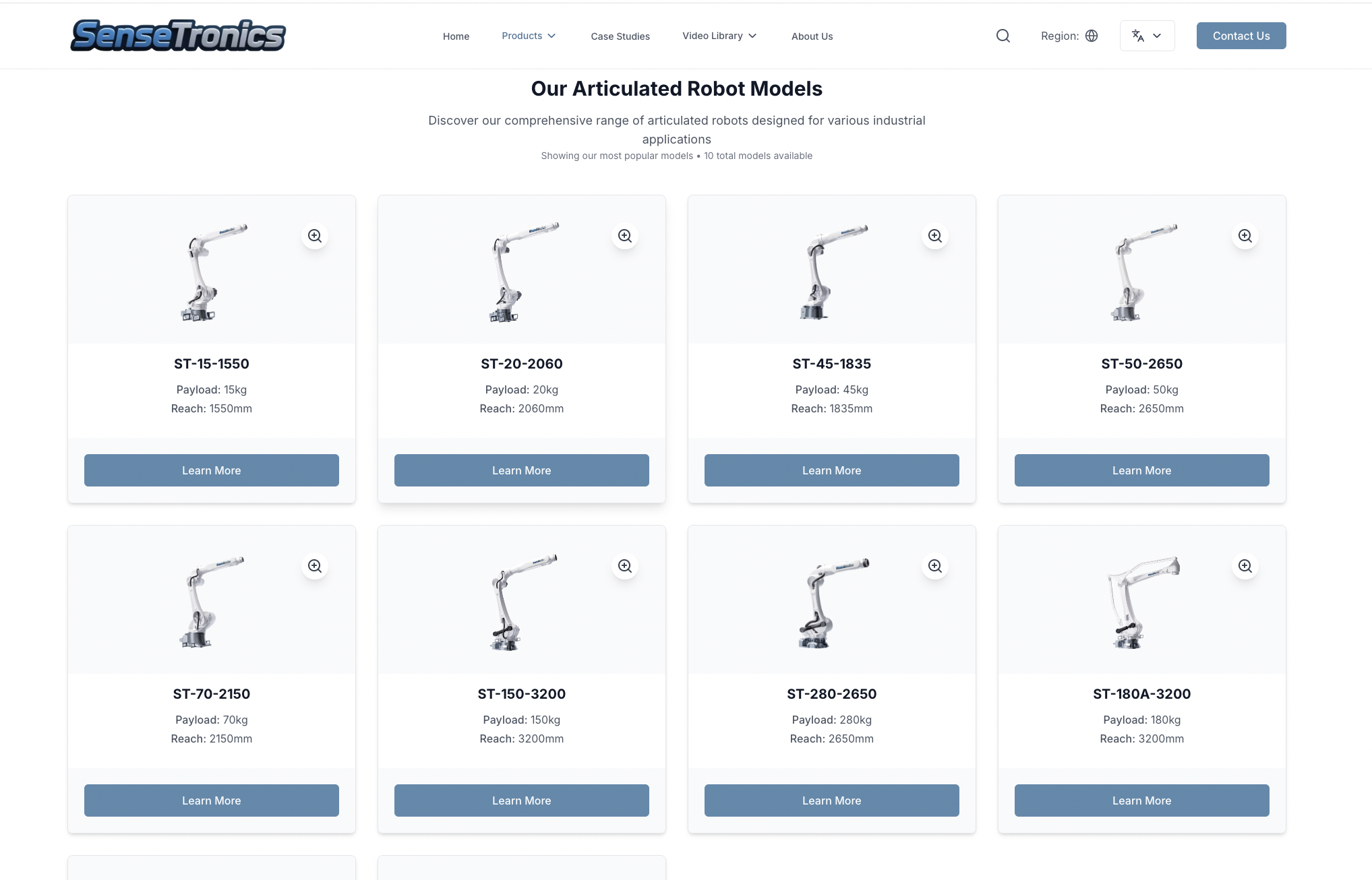 Product catalog with robot specifications