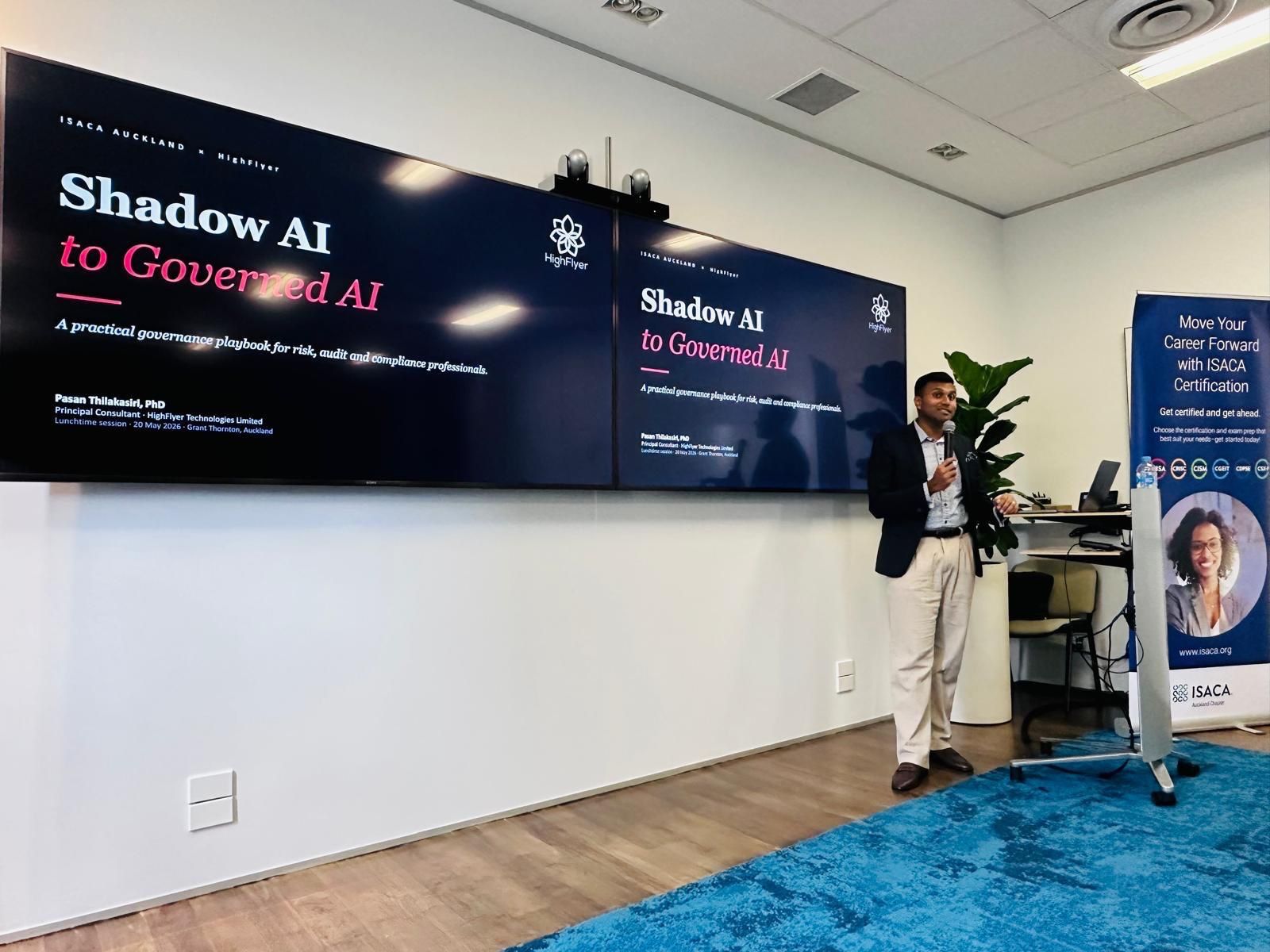 Dr Pasan Thilakasiri presenting Shadow AI to Governed AI at the ISACA Auckland SheLeadsTech event